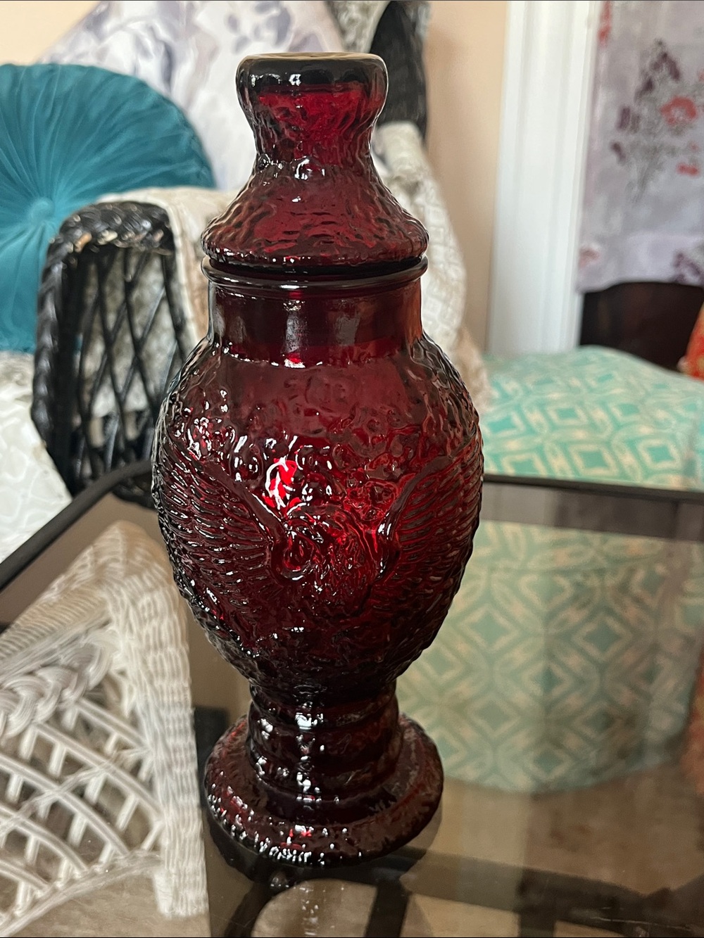 Vintage 1970’s Red Ruby Eagle Embossed Apothecary Jar with Lid